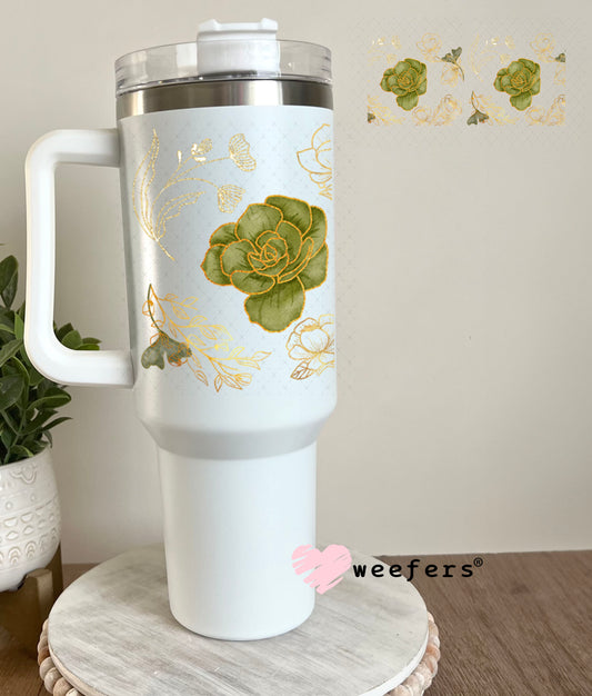 UV DTF Cup Wrap – Gold and Green Roses 40oz Tumbler Cup Wrap Weefers