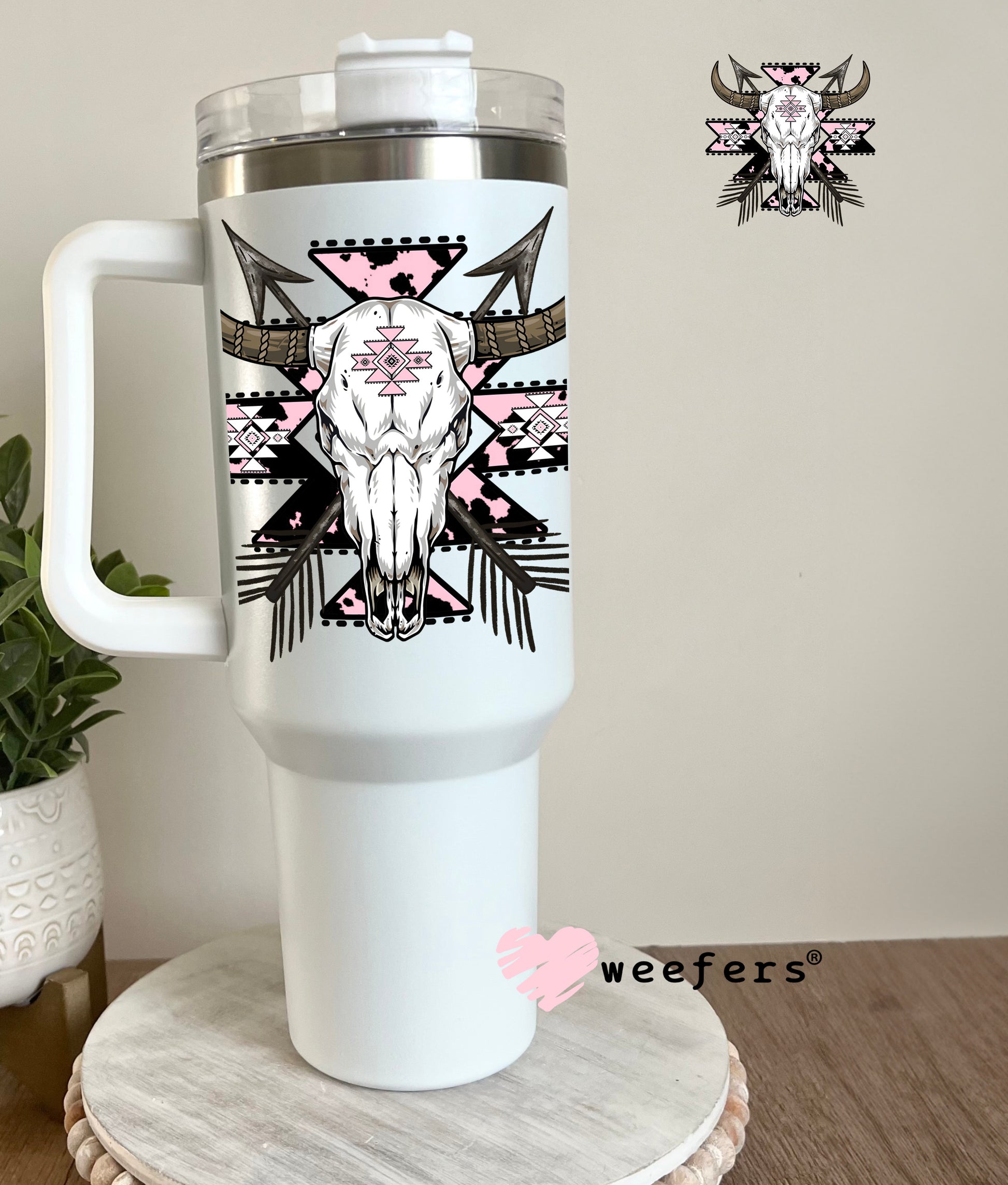 Pink Aztec Cow Skull UV DTF Decal - Weefers