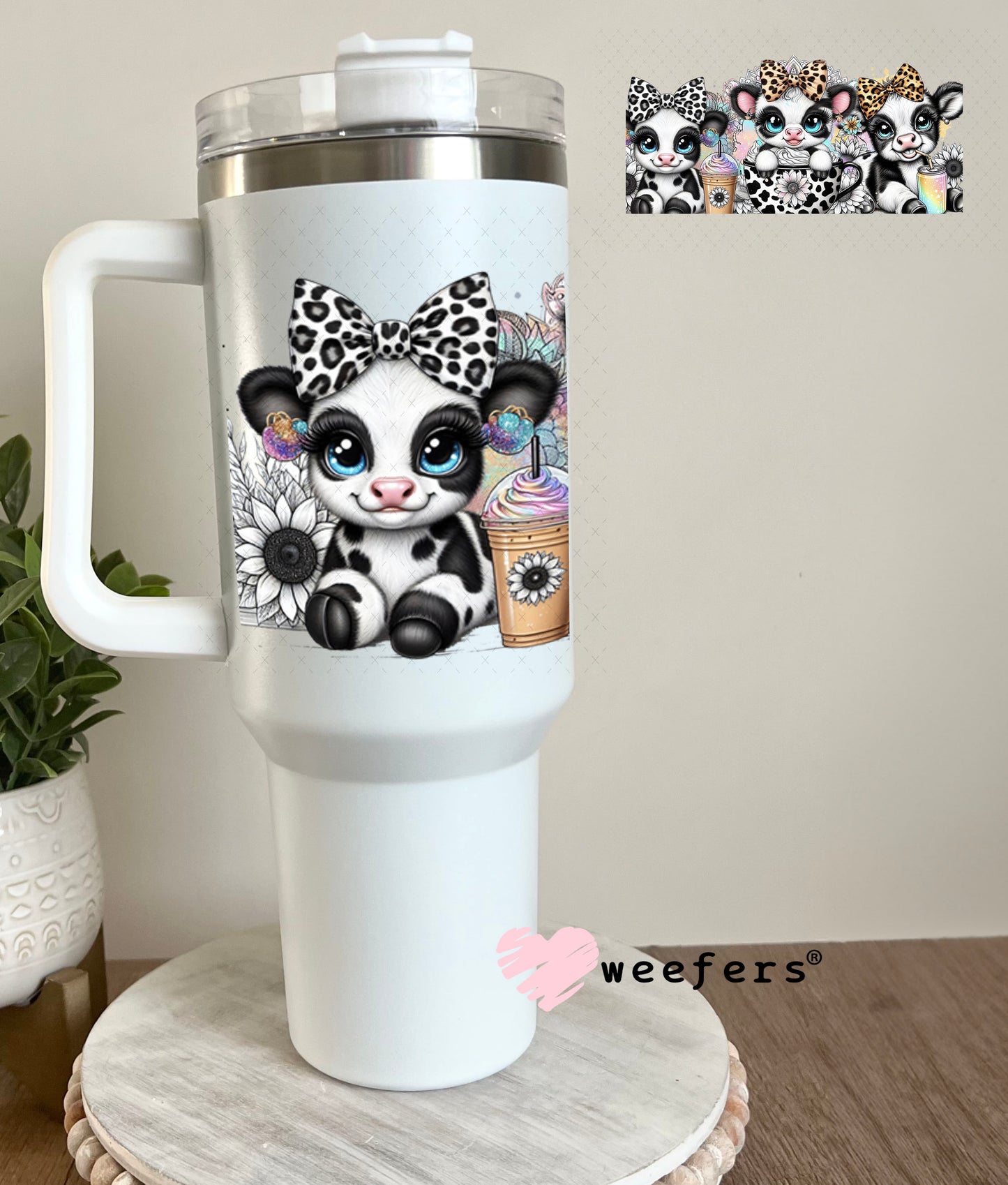 UV DTF Cup Wrap – Baby Black and White Cows in Coffee Cup 40oz Tumbler Cup Wrap Weefers