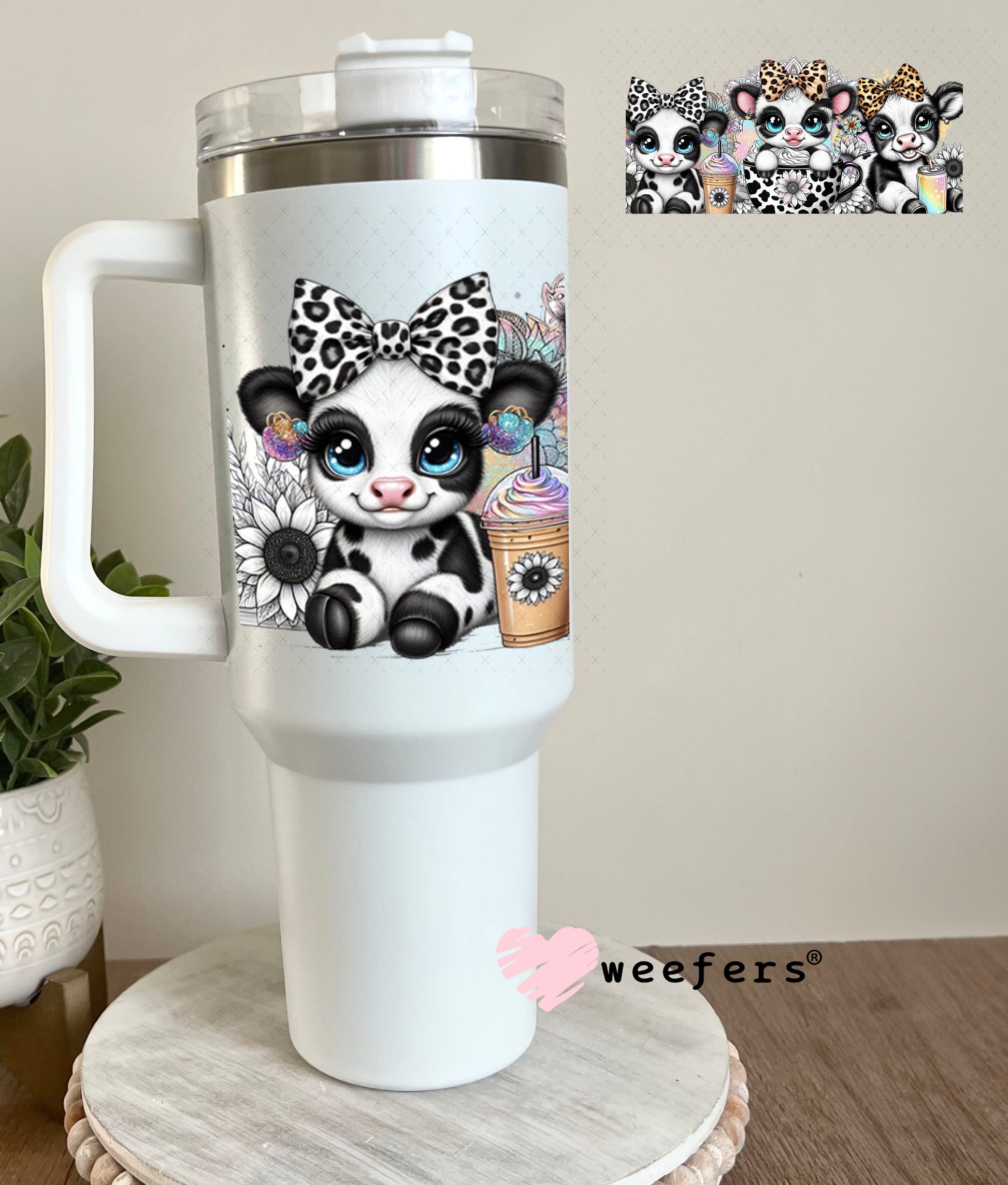 UV DTF Cup Wrap – Baby Black and White Cows in Coffee Cup 40oz Tumbler Cup Wrap Weefers