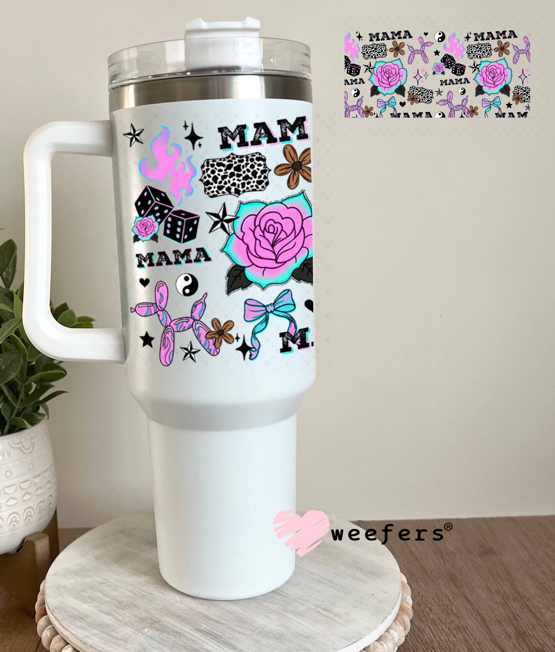 UV DTF Cup Wrap – Mama Purple and Teal Roses 40oz Tumbler Cup Wrap Weefers