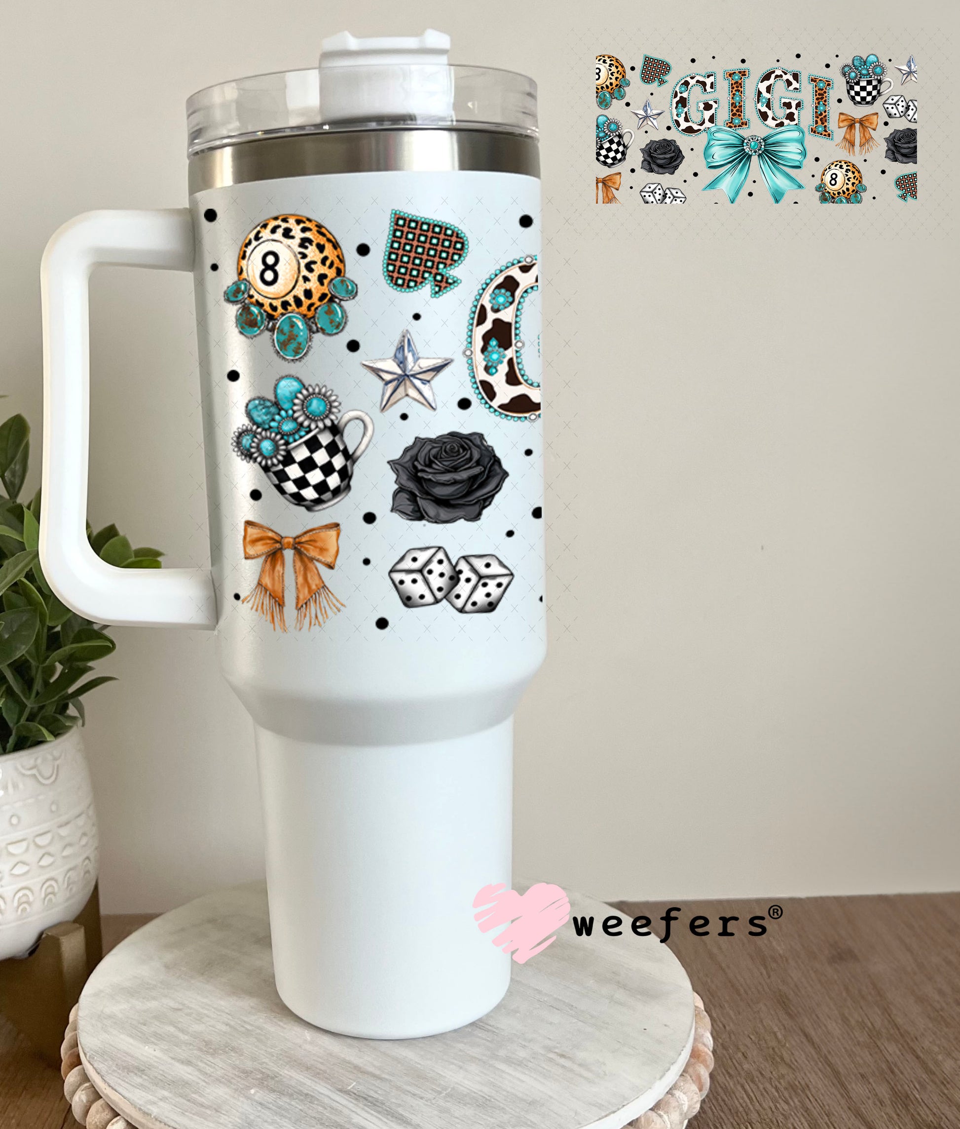 UV DTF Cup Wrap – Gigi Western Teal Bow - Weefers Exclusive 40oz Tumbler Wrap Weefers