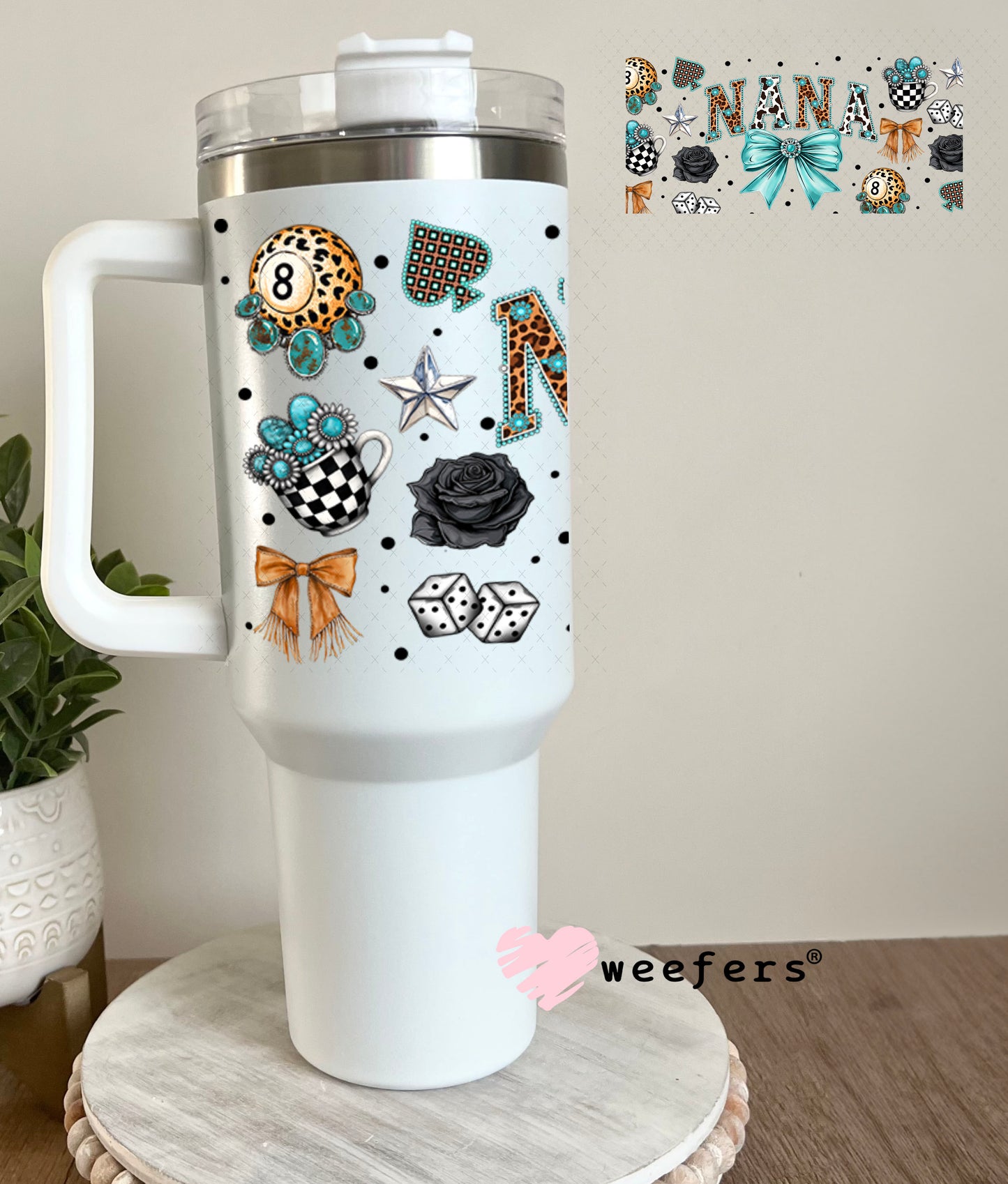 UV DTF Cup Wrap – Nana Western Teal Bow - Weefers Exclusive 40oz Tumbler Wrap Weefers