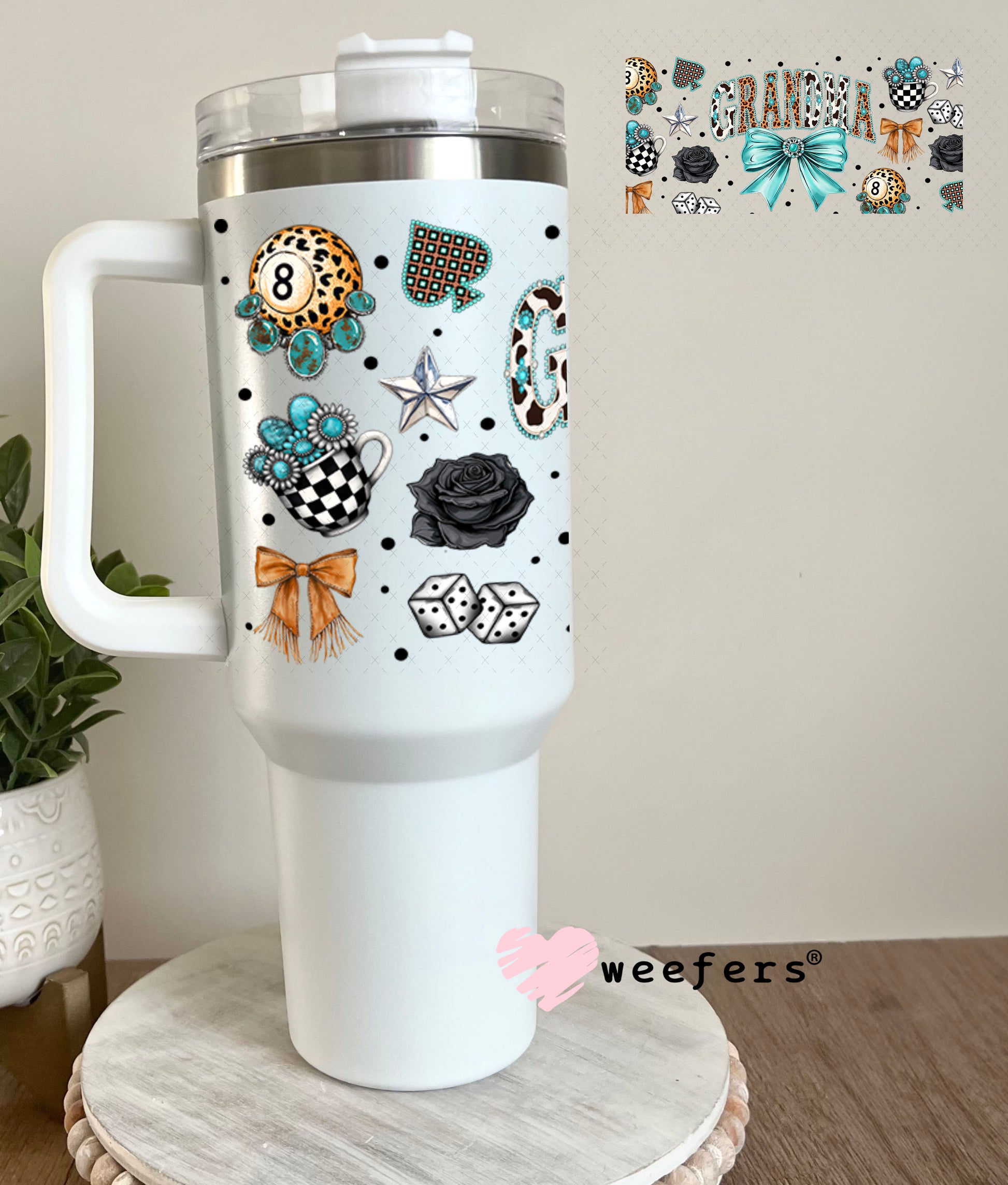 UV DTF Cup Wrap – Grandma Western Teal Bow - Weefers Exclusive 40oz Tumbler Wrap Weefers