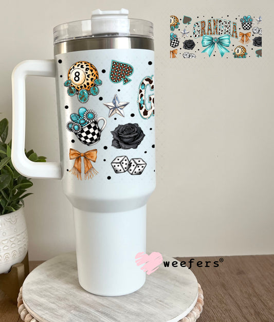 UV DTF Cup Wrap – Grandma Western Teal Bow - Weefers Exclusive 40oz Tumbler Wrap Weefers