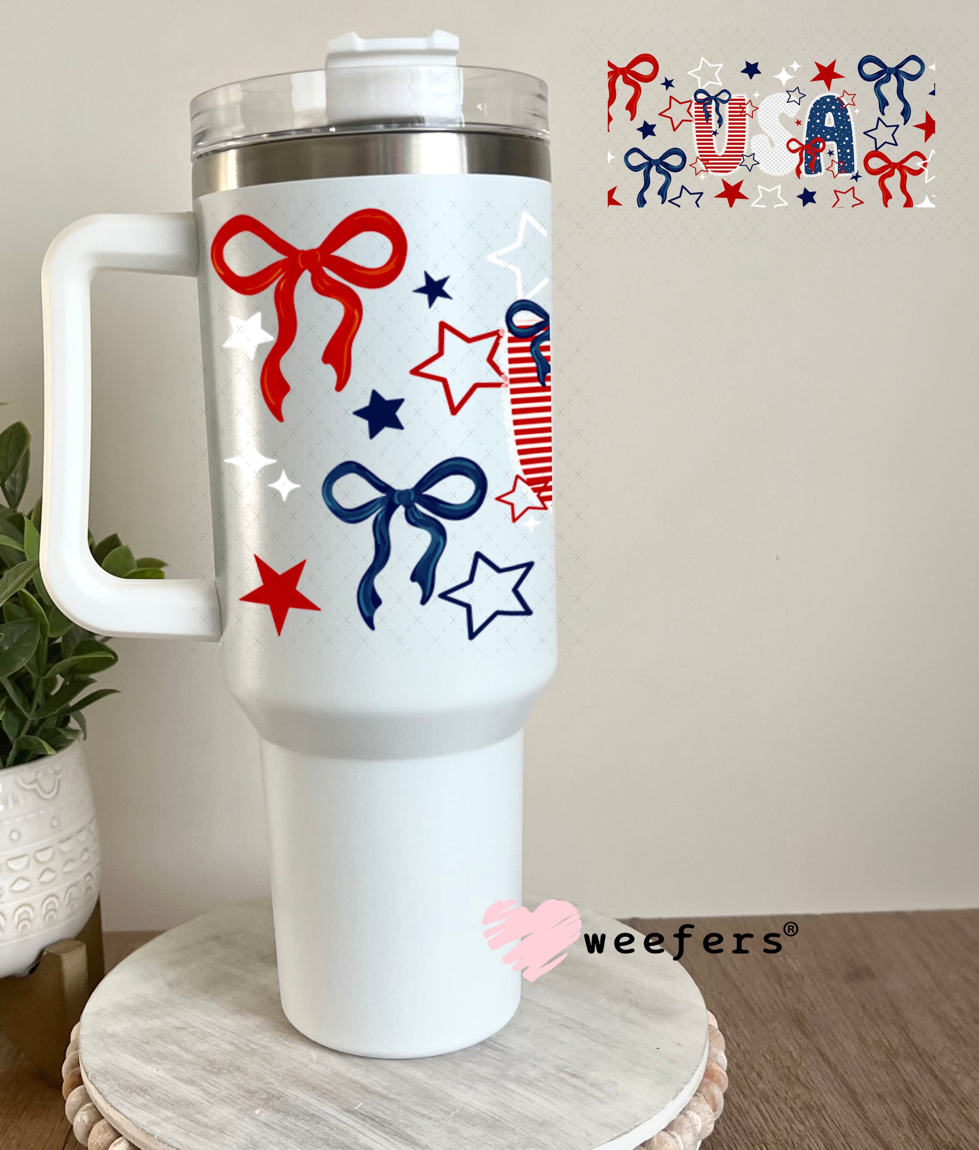 UV DTF Cup Wrap – USA Red White Blue Bows 40oz Tumbler Cup Wrap Weefers