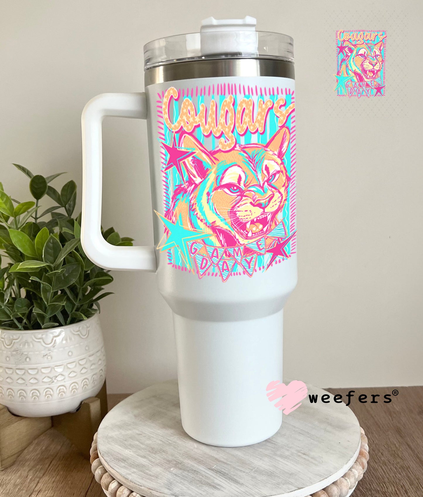 UV DTF Decal - Cougars Game Day Colorful Mascot 40oz Tumbler Cup Wrap Weefers