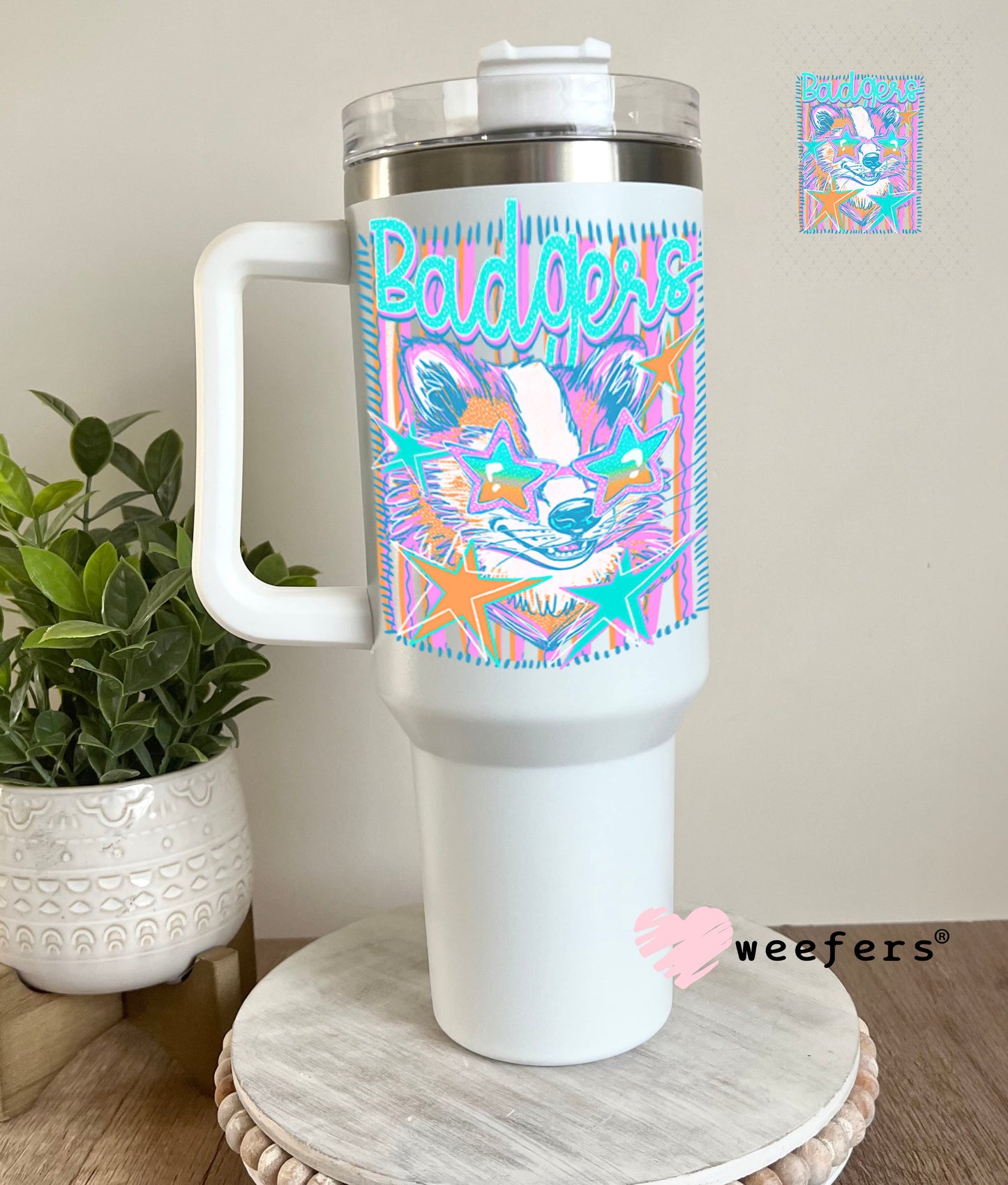 UV DTF Decal - Badgers Colorful Mascot 40oz Tumbler Cup Wrap Weefers
