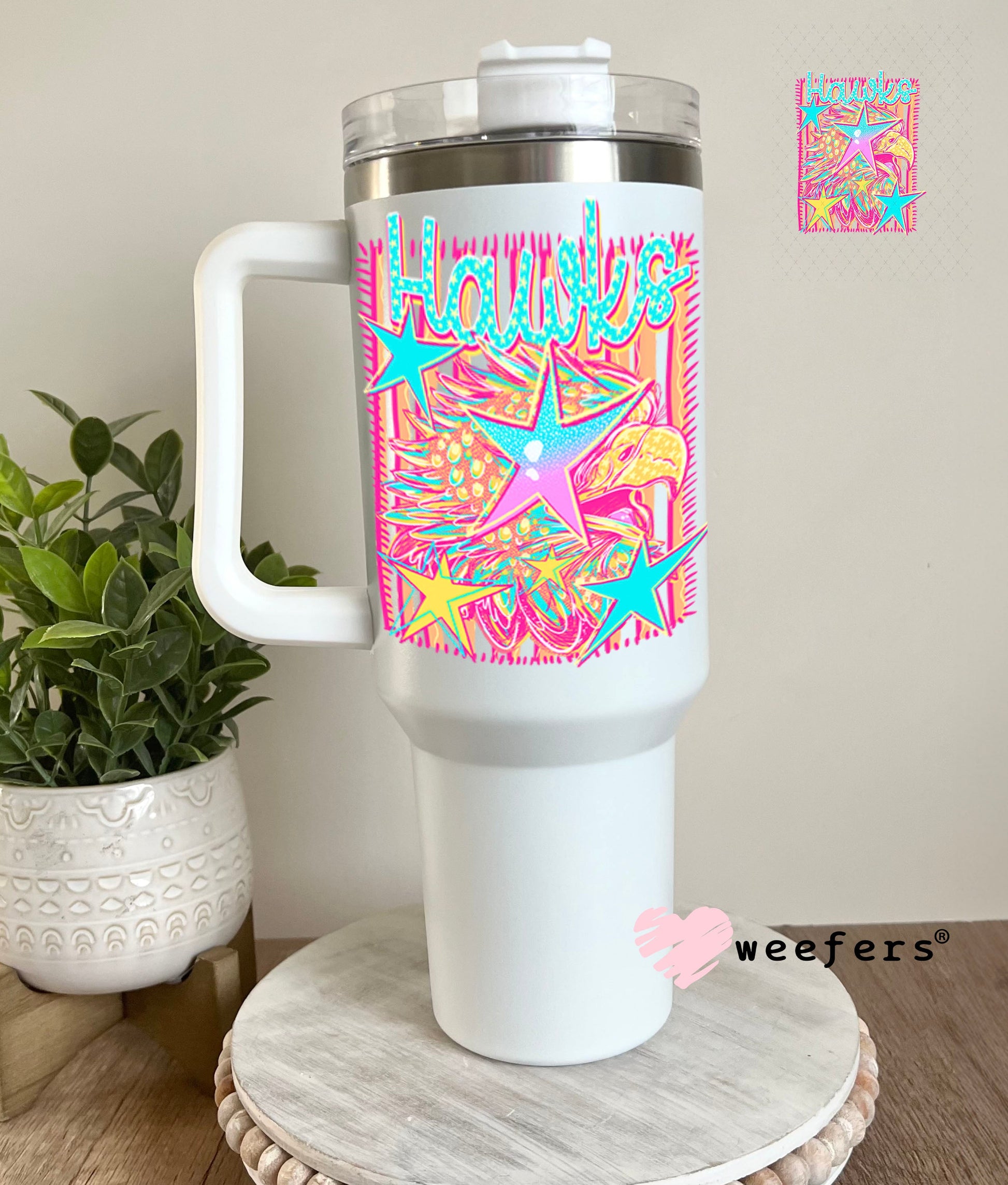 UV DTF Decal - Hawks Colorful Mascot 40oz Tumbler Cup Wrap Weefers