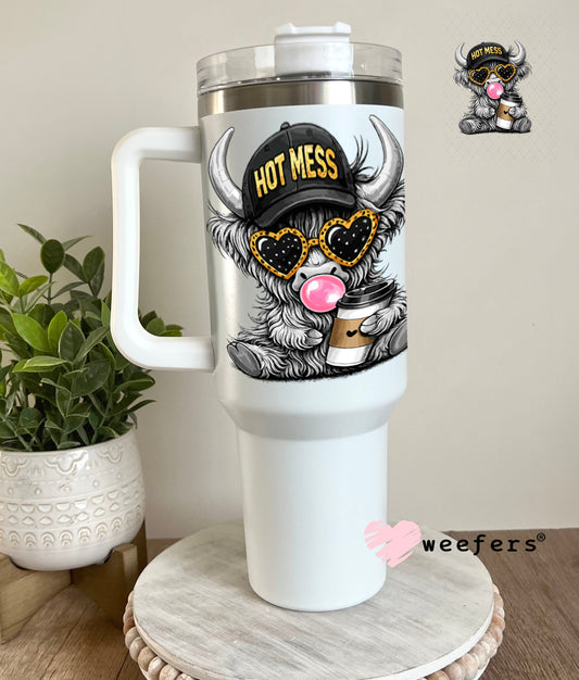 UV DTF Decal - Hot Mess Coffee Highland Cow 40oz Tumbler Cup Wrap Weefers