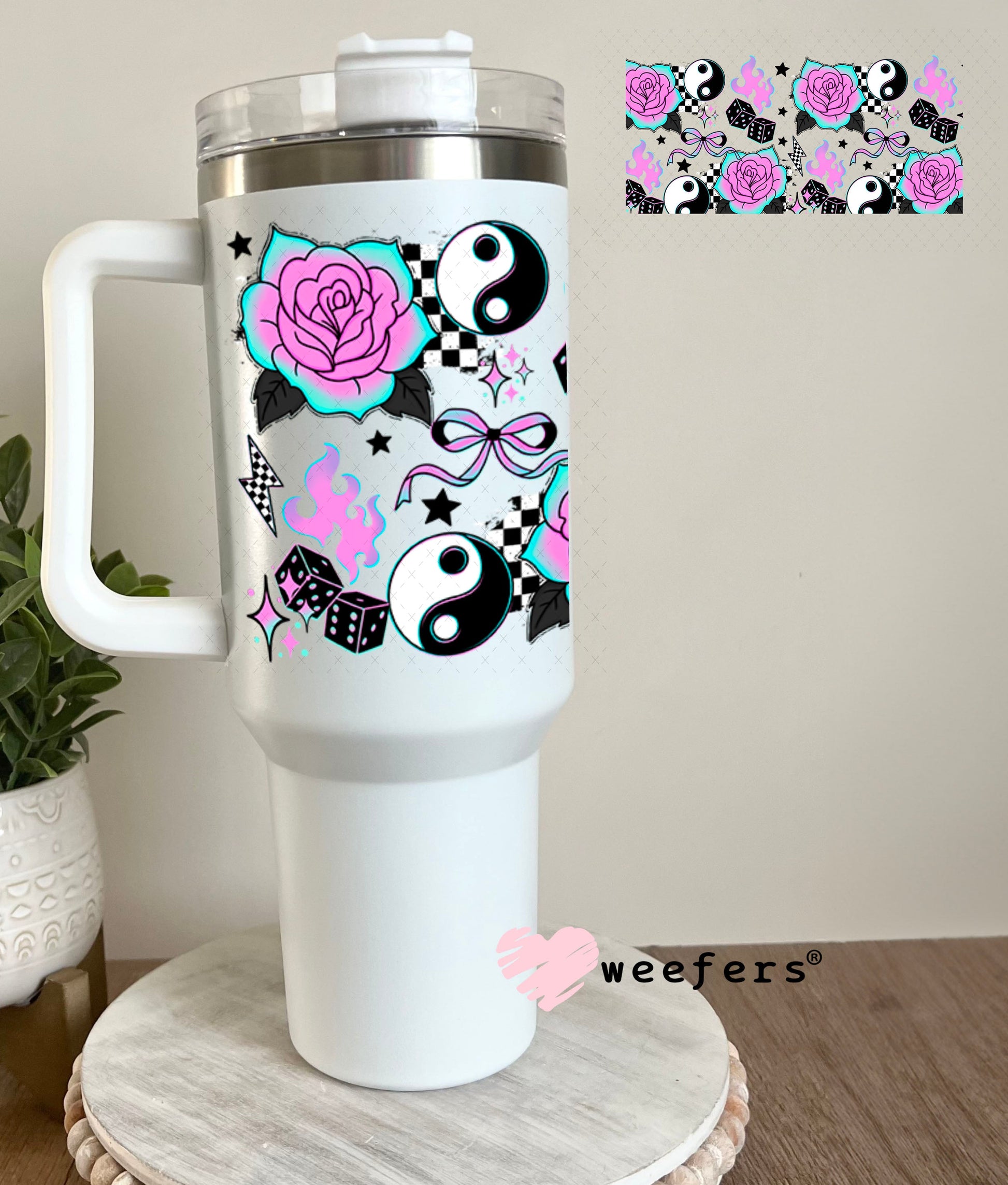 UV DTF Cup Wraps - Ying Yang Purple Teal Roses 40oz Tumbler Weefers