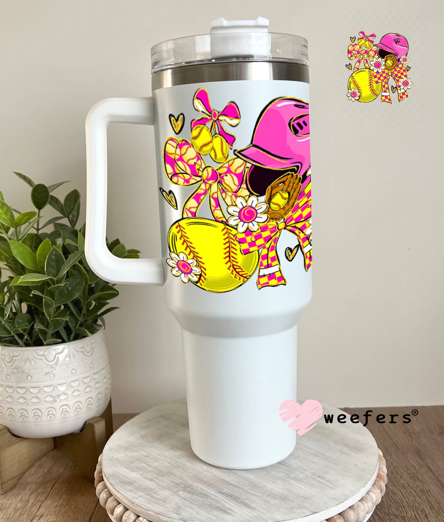 UV DTF Decal - Pink Yellow Sotfball Bows 40oz Tumbler Weefers