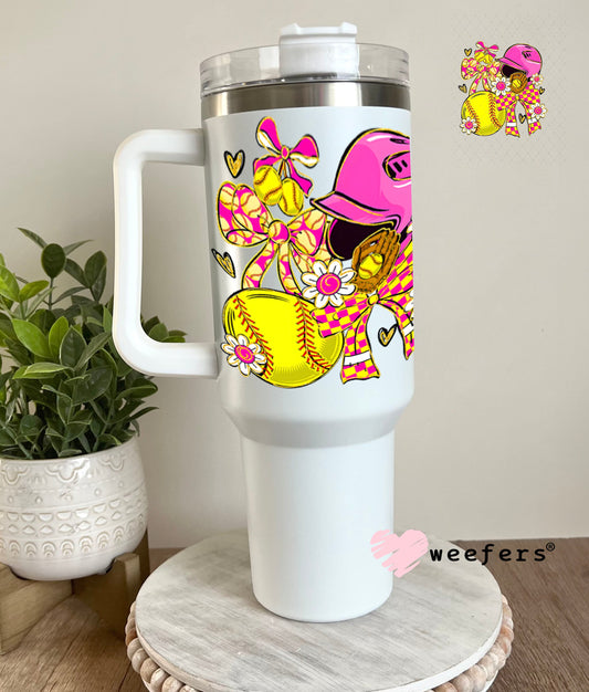UV DTF Decal - Pink Yellow Sotfball Bows 40oz Tumbler Weefers