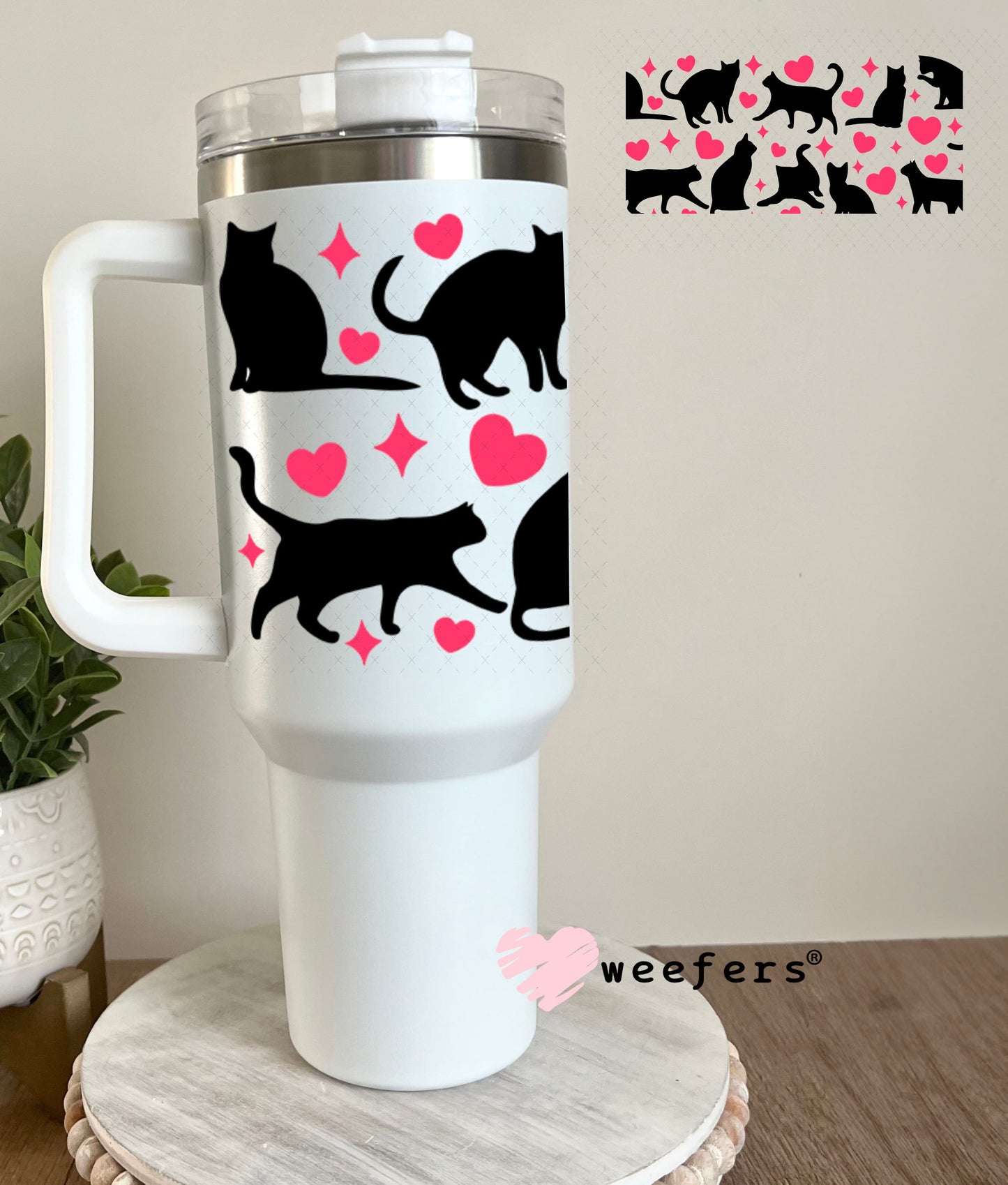 UV DTF Cup Wraps - Playful Black Cats and Hearts 40oz Tumbler Weefers