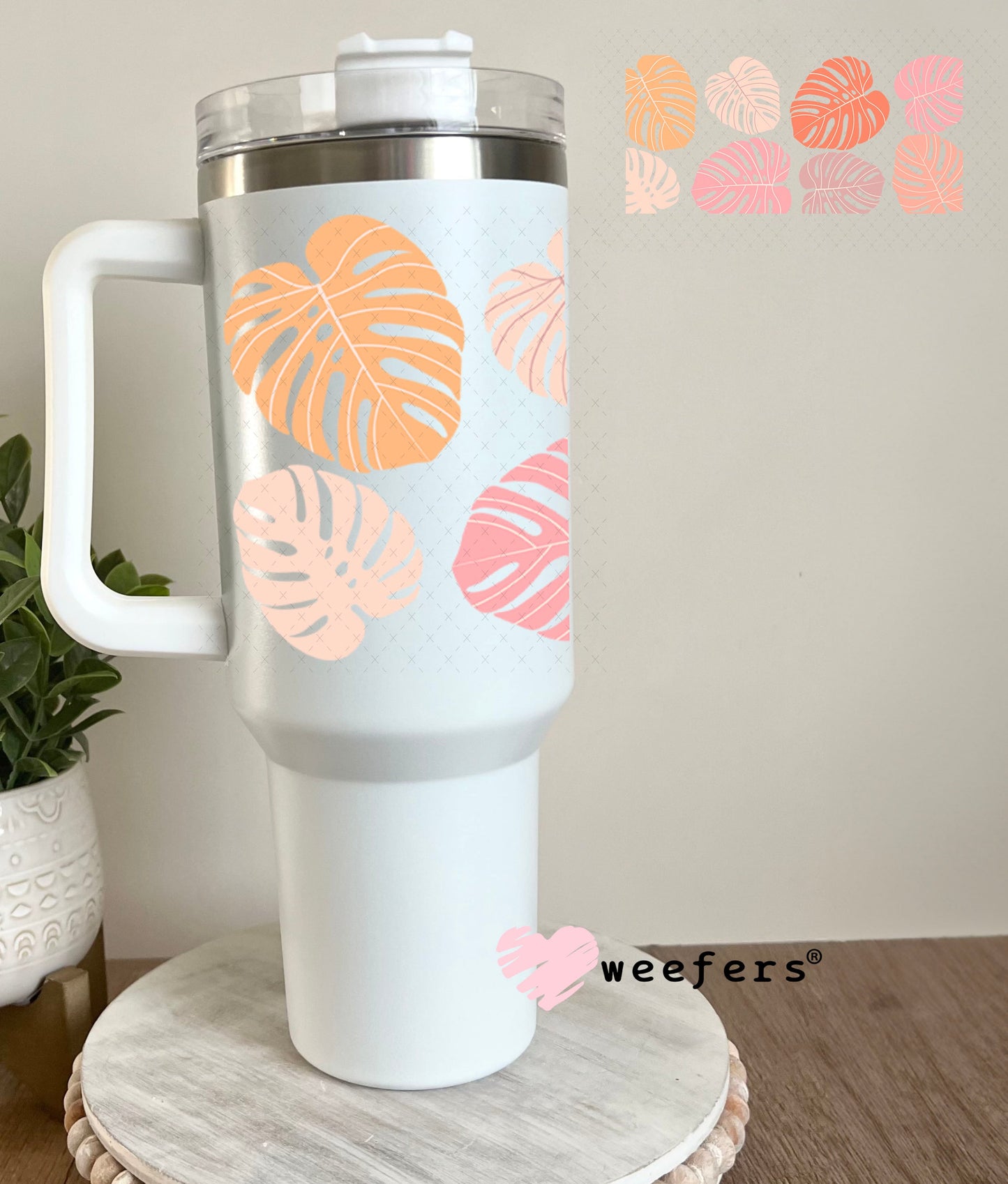 UV DTF Cup Wraps - Pink Montesera Leaves 40oz Tumbler Weefers