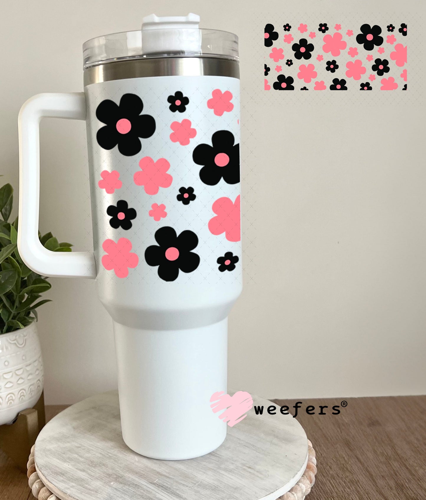 UV DTF Cup Wraps - Black and Pink Daisies 40oz Tumbler Weefers