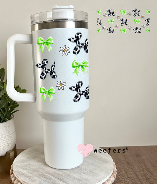 UV DTF Cup Wraps - Cow Print Balloon Dog Green Bows 40oz Tumbler Weefers