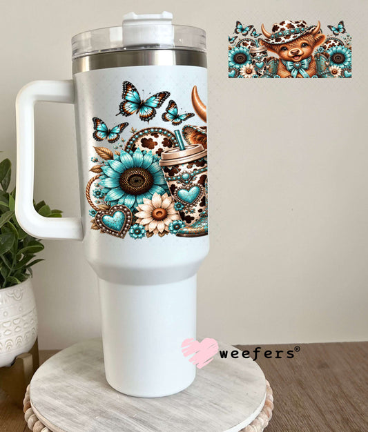 UV DTF Cup Wraps - Western Teal Cow 40oz Tumbler Weefers