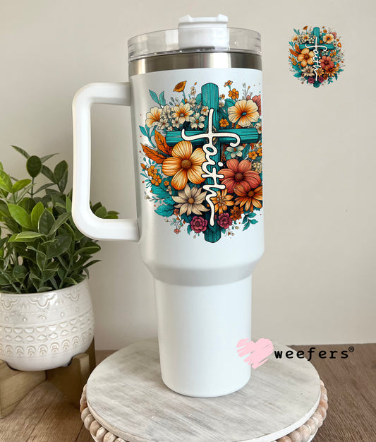 Faith Cross Rust Flowers UV DTF Decal 40oz Tumbler Decal Weefers