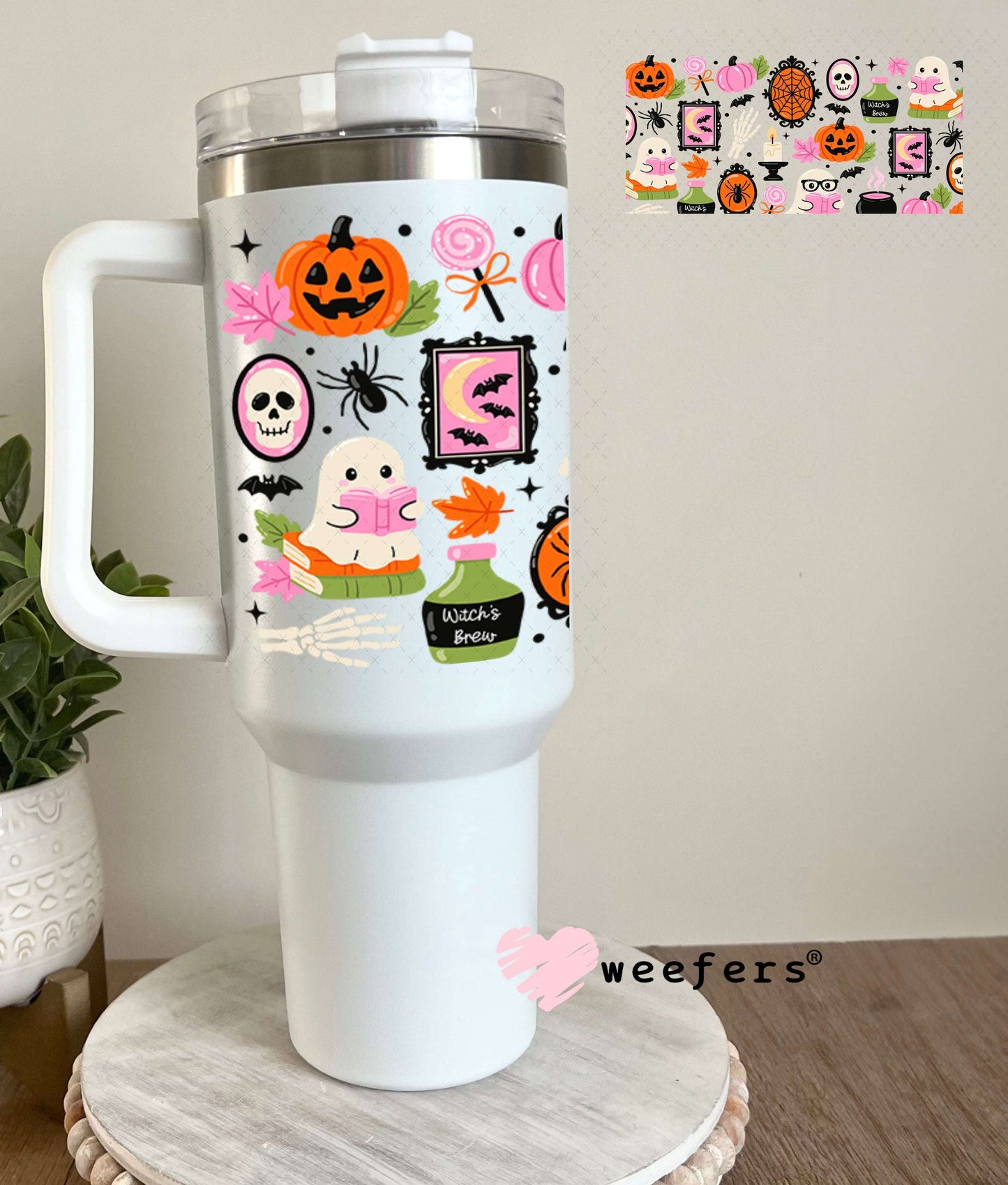 UV DTF Cup Wraps - Pink Green Halloween Reader 40oz Tumbler Weefers