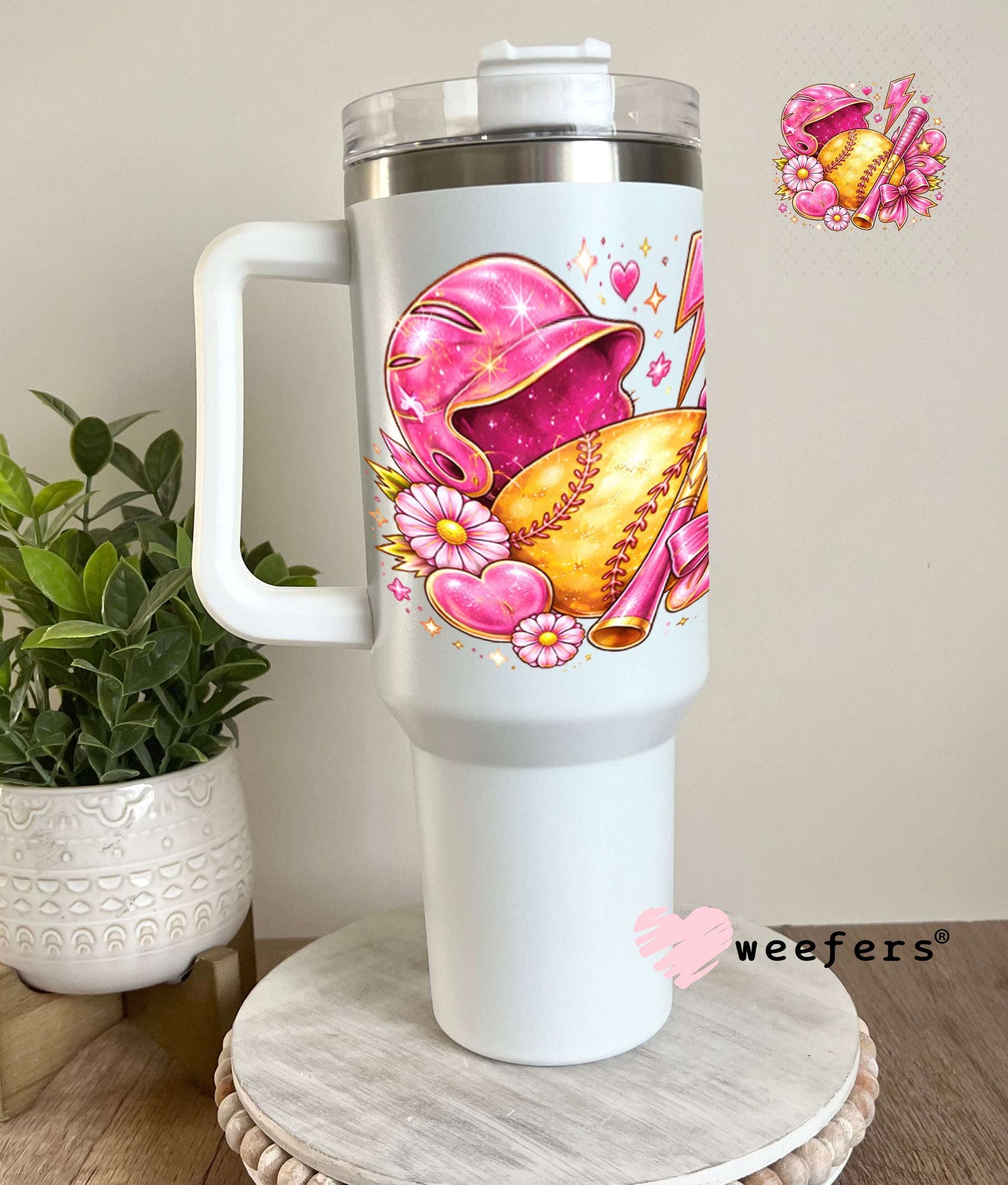 UV DTF Decal - Pink Softball Vibes 40oz Tumbler Weefers