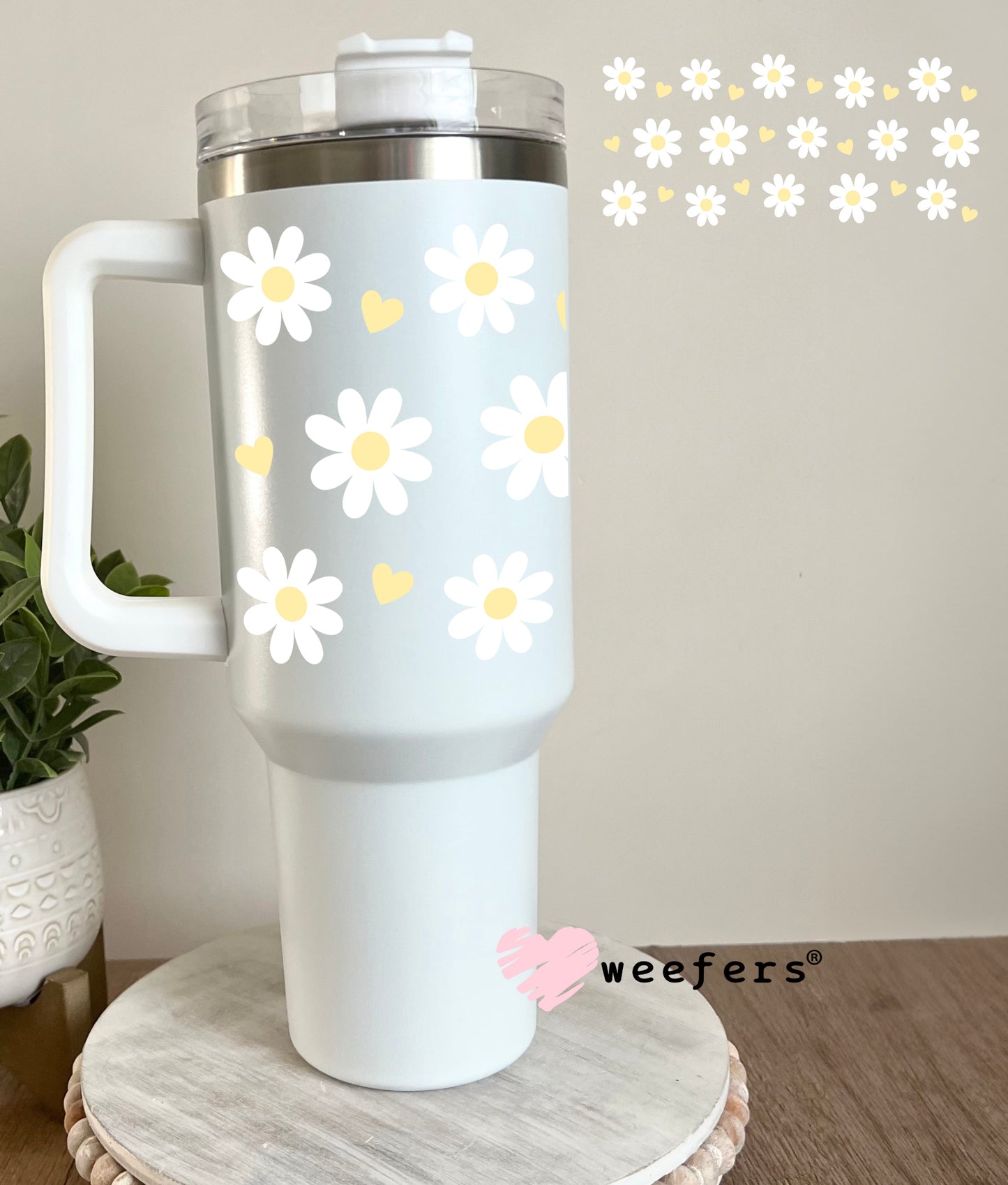 White Daisies Yellow Hearts UV DTF Cup Wrap 40oz Tumbler Cup Wrap Weefers