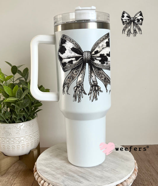 Western Silver and Black Cow Print Bow UV DTF Decal 40oz Tumbler Decal Weefers