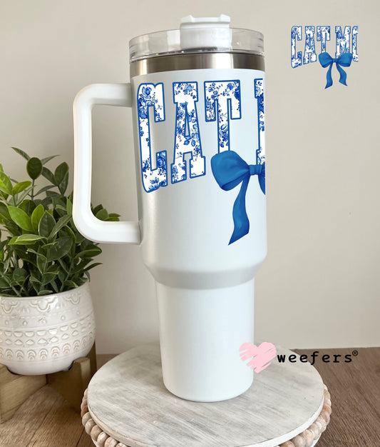 Cat Mom Blue Toile Bow UV DTF Decal 40oz Tumbler Decal Weefers
