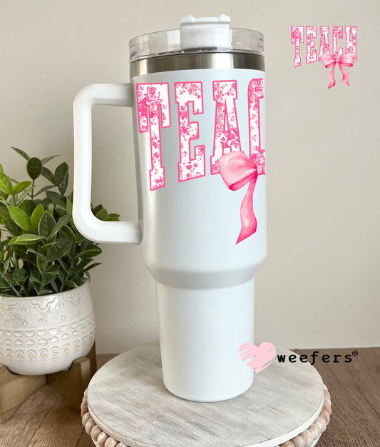 Teacher Pink Toile Bow UV DTF Decal 40oz Tumbler Decal Weefers