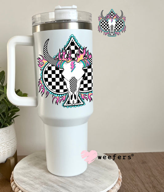 Cow Skull Checkered Heart Pink Flames Western UV DTF Decal 40oz Tumbler Decal Weefers