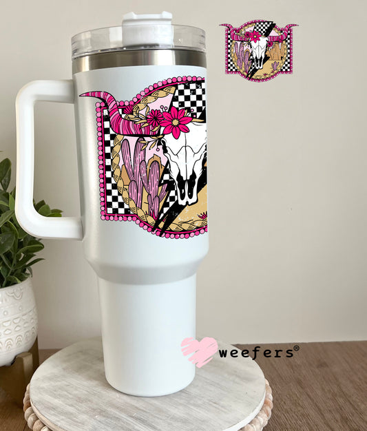 Cow Skull Pink Horns Western UV DTF Decal 40oz Tumbler Decal Weefers