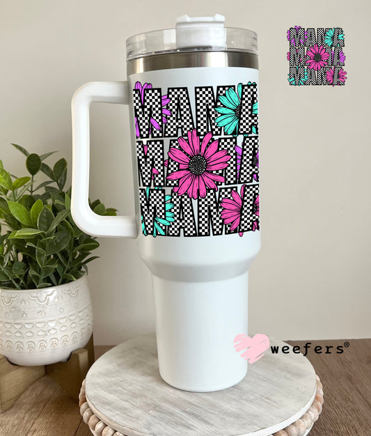 Mama Black Checkered Teal and Pink Flowers UV DTF Decal 40oz Tumbler Decal Weefers
