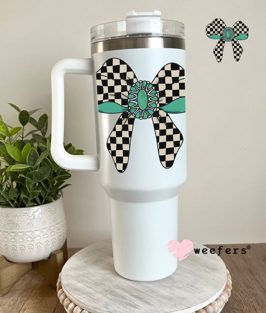 Checkered Black Bow Turquoise UV DTF Decal 40oz Tumbler Decal Weefers