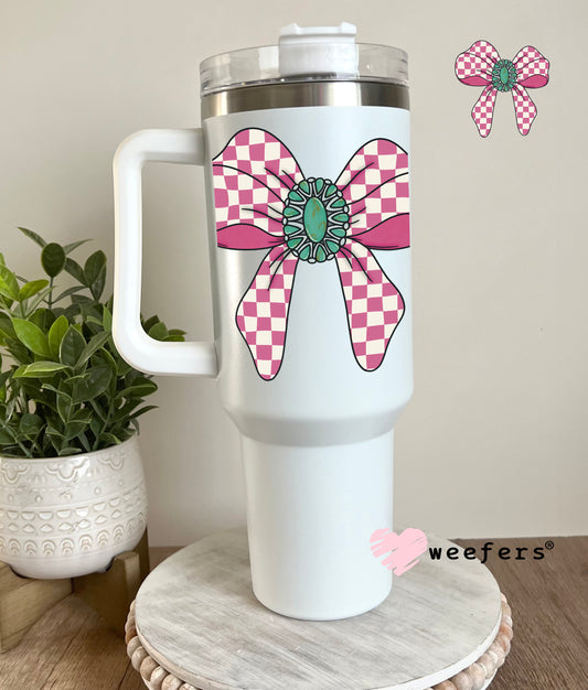 Pink Checkered Bow Turquoise UV DTF Decal 40oz Tumbler Decal Weefers