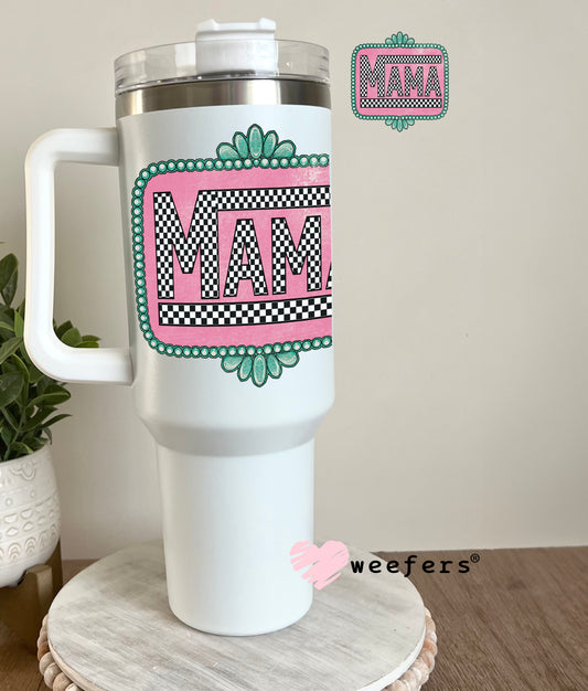 Mama Black Checkered Turquoise Frame UV DTF Decal 40oz Tumbler Decal Weefers