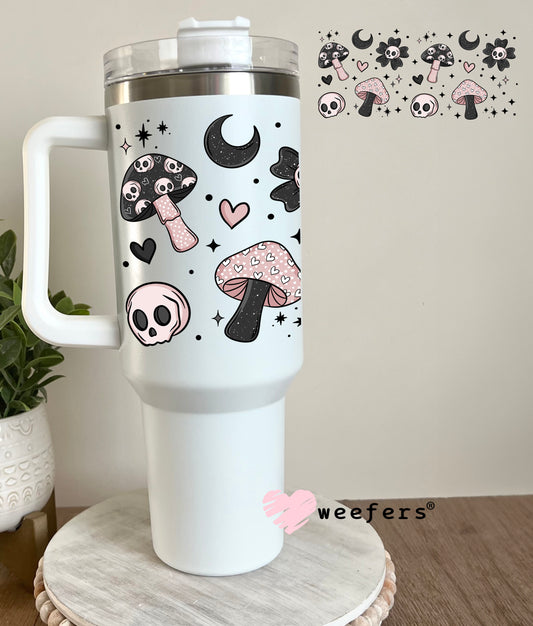 Pink and Black Mushrooms and Skulls UV DTF Cup Wrap 40oz Tumbler Cup Wrap Weefers