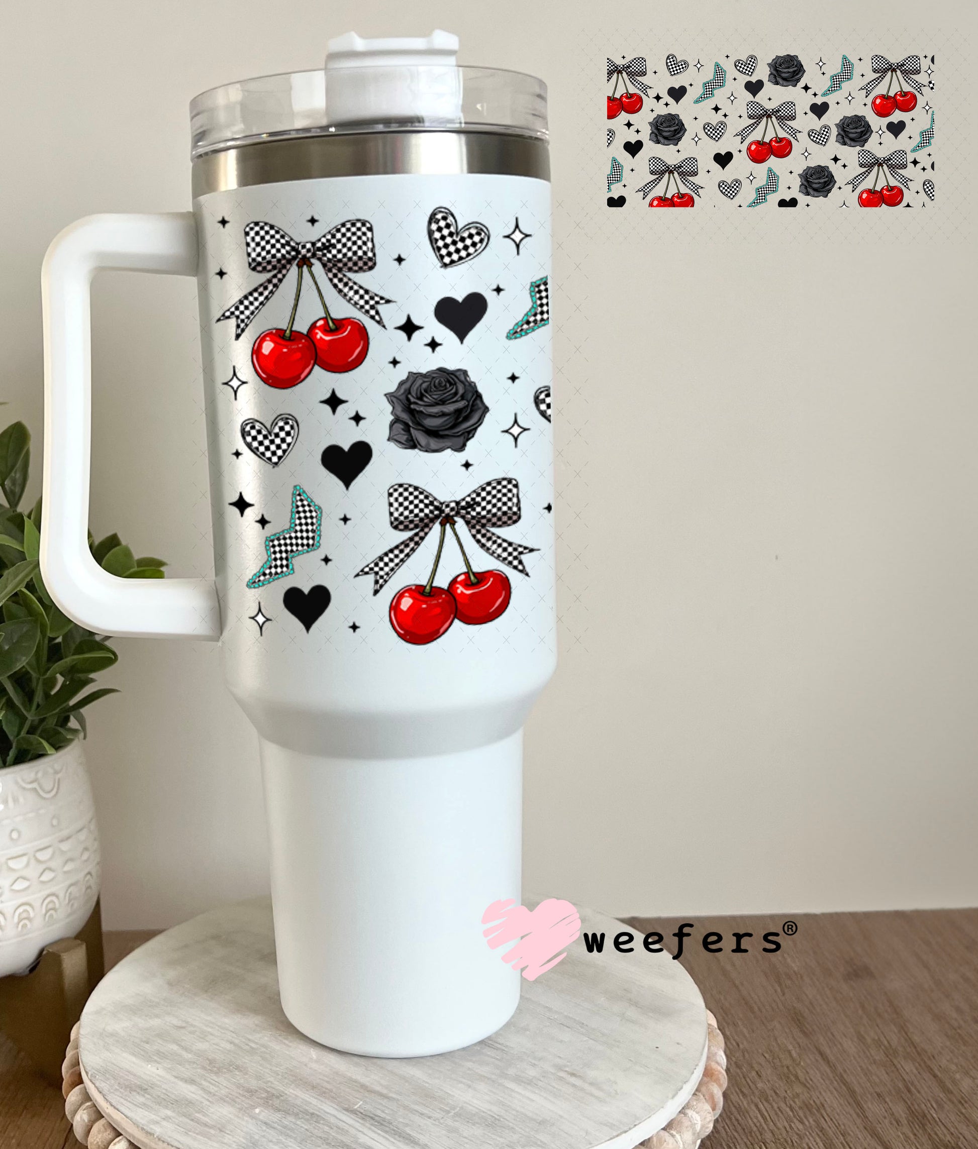 Checkered Cherries Black Roses UV DTF Cup Wrap - WEEFERS EXCLUSIVE WRAP 40oz Tumbler Cup Wrap Weefers
