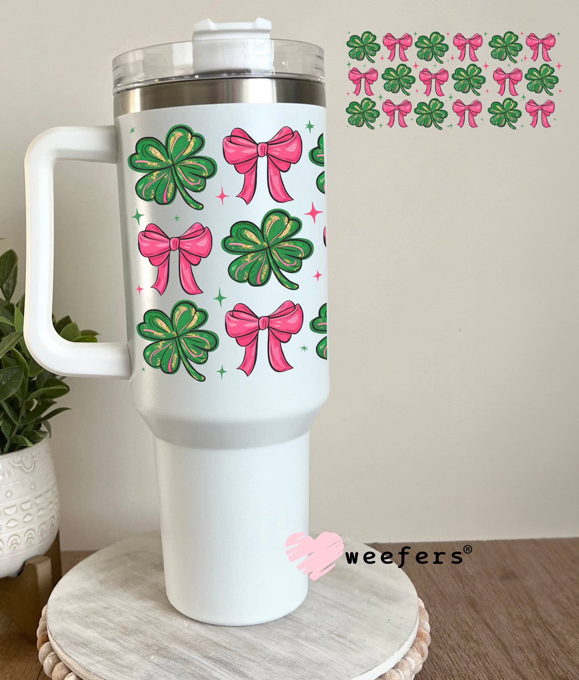 Shamrocks and Coquette Pink Bows UV DTF Cup Wrap - WEEFERS EXCLUSIVE WRAP 40oz Tumbler Cup Wrap Weefers