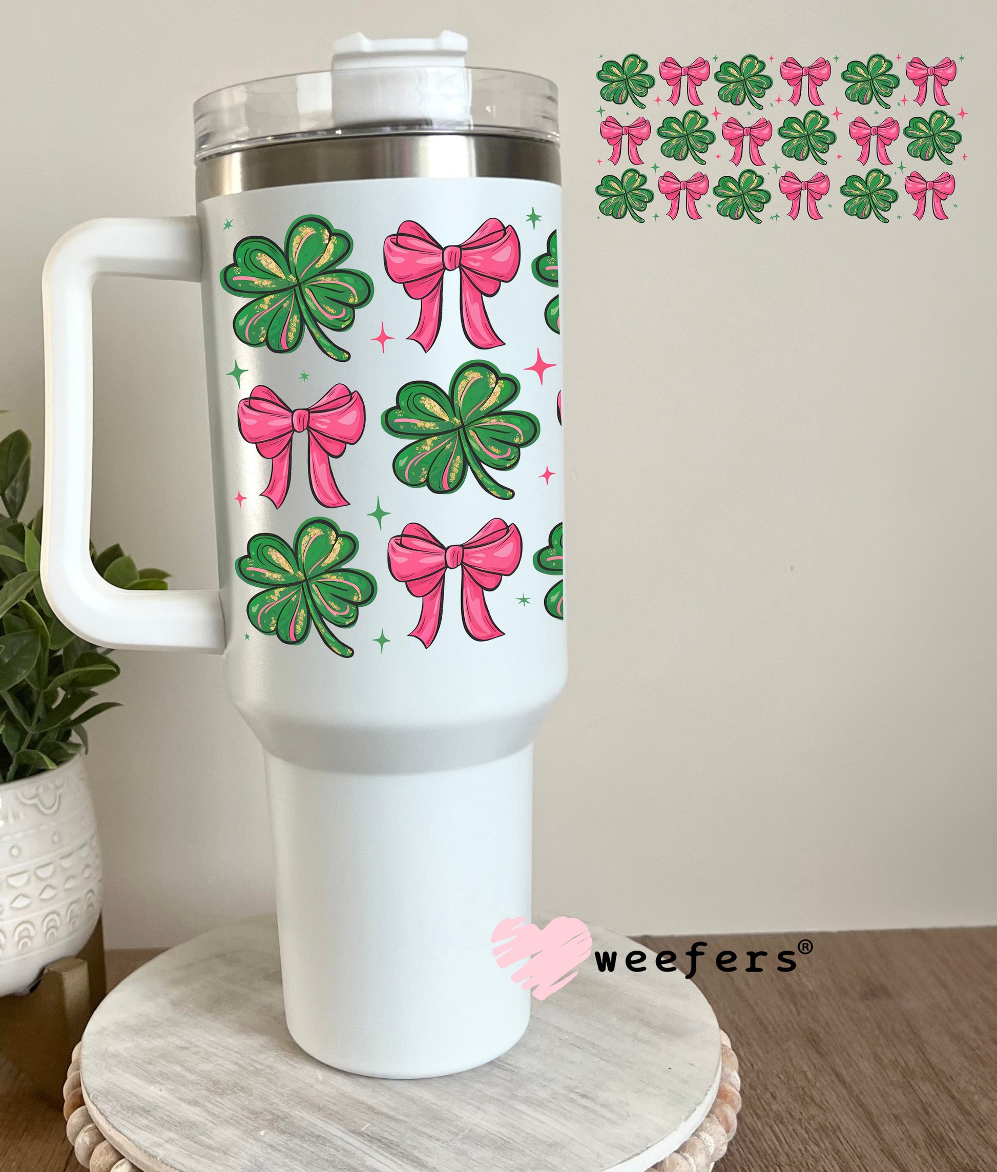 Shamrocks and Coquette Pink Bows UV DTF Cup Wrap - WEEFERS EXCLUSIVE WRAP 40oz Tumbler Cup Wrap Weefers