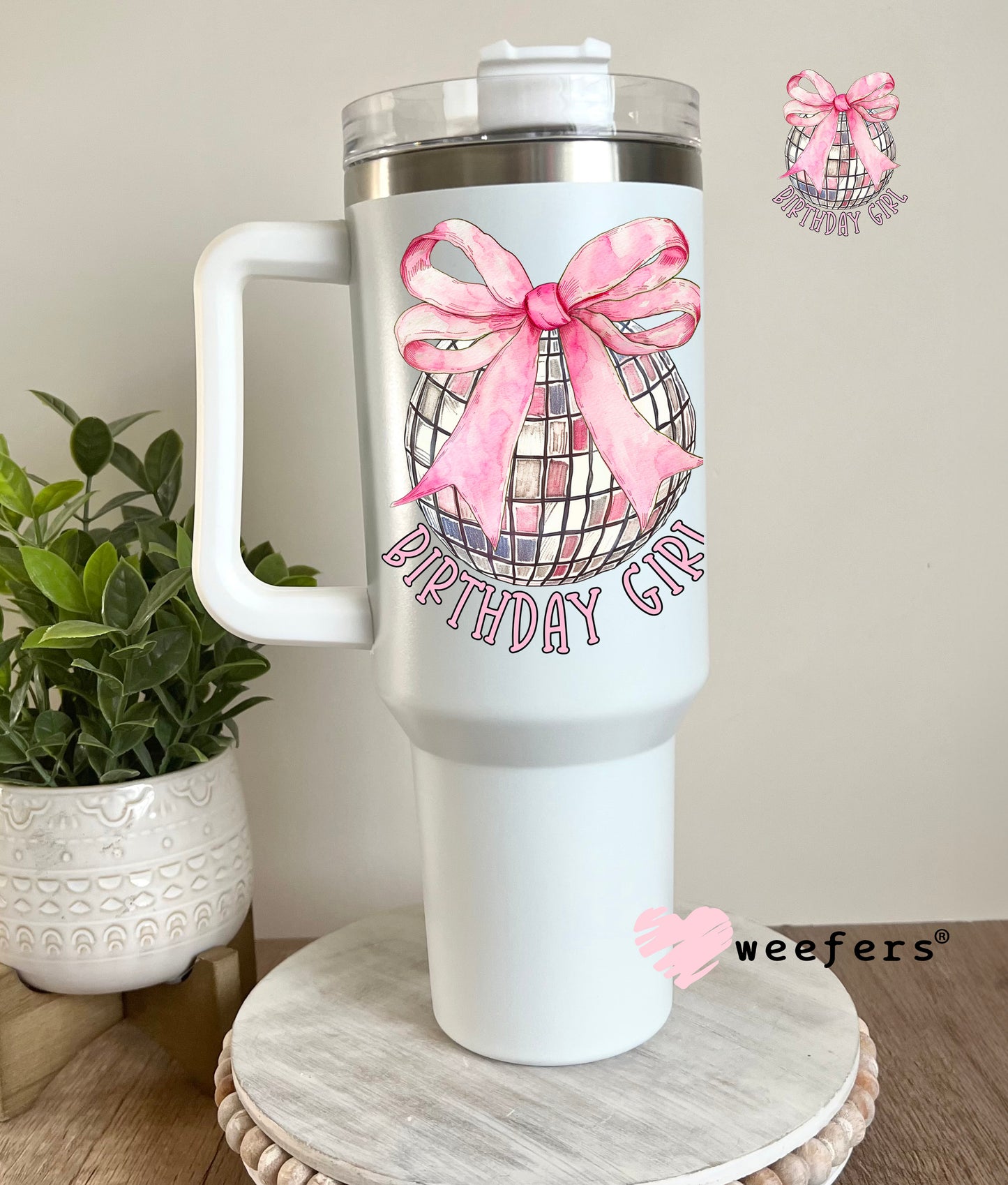 Disco Ball Pink Bow Birthday Girl UV DTF Decal 40oz Tumbler Decal Weefers