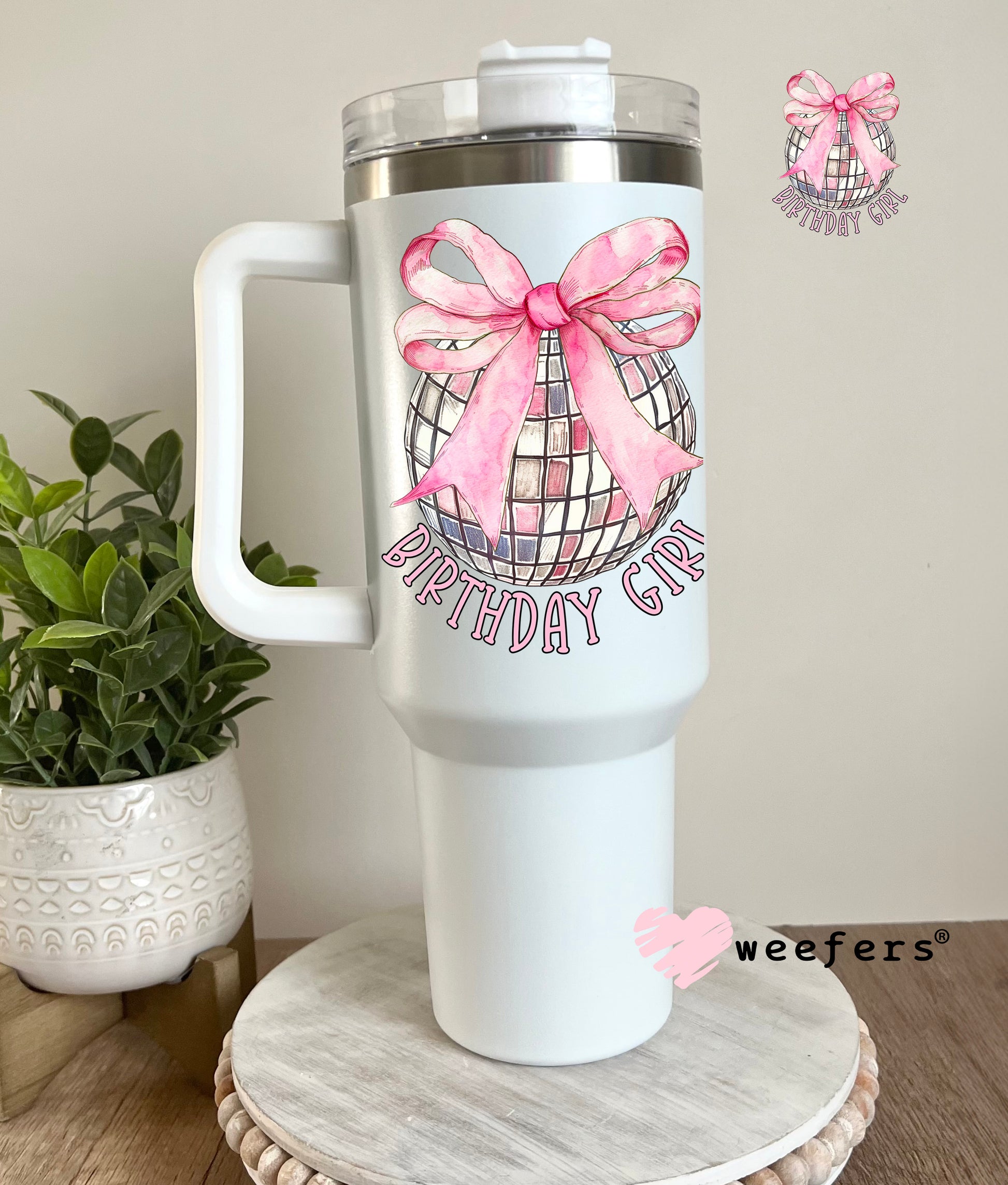 Disco Ball Pink Bow Birthday Girl UV DTF Decal 40oz Tumbler Decal Weefers