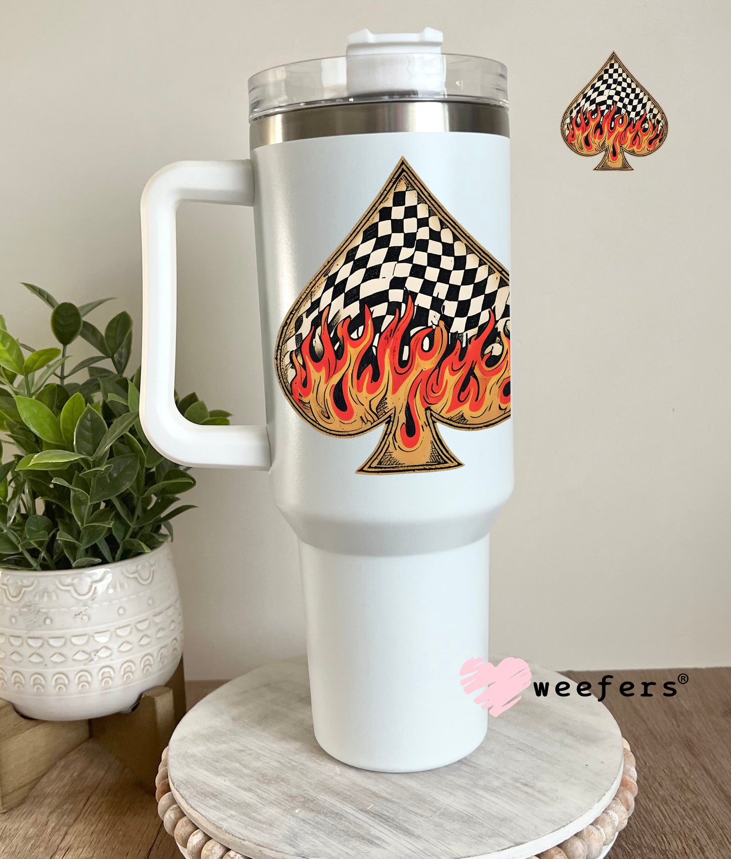 Fire Flames Black Checkered Spade UV DTF Decal 40oz Tumbler Decal Weefers