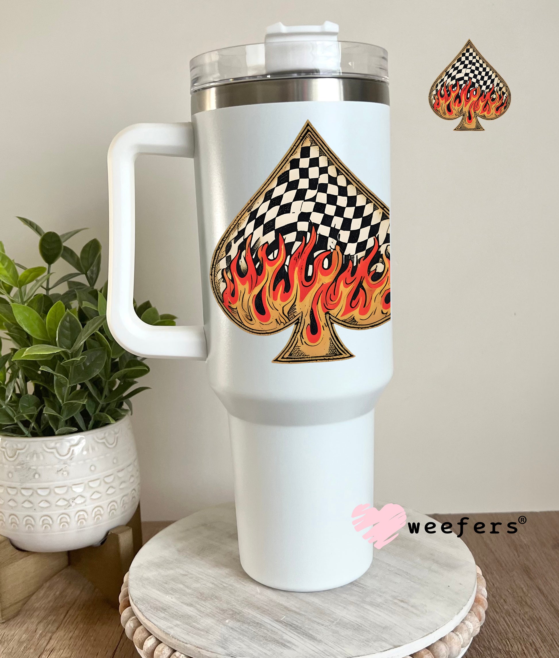 Fire Flames Black Checkered Spade UV DTF Decal 40oz Tumbler Decal Weefers