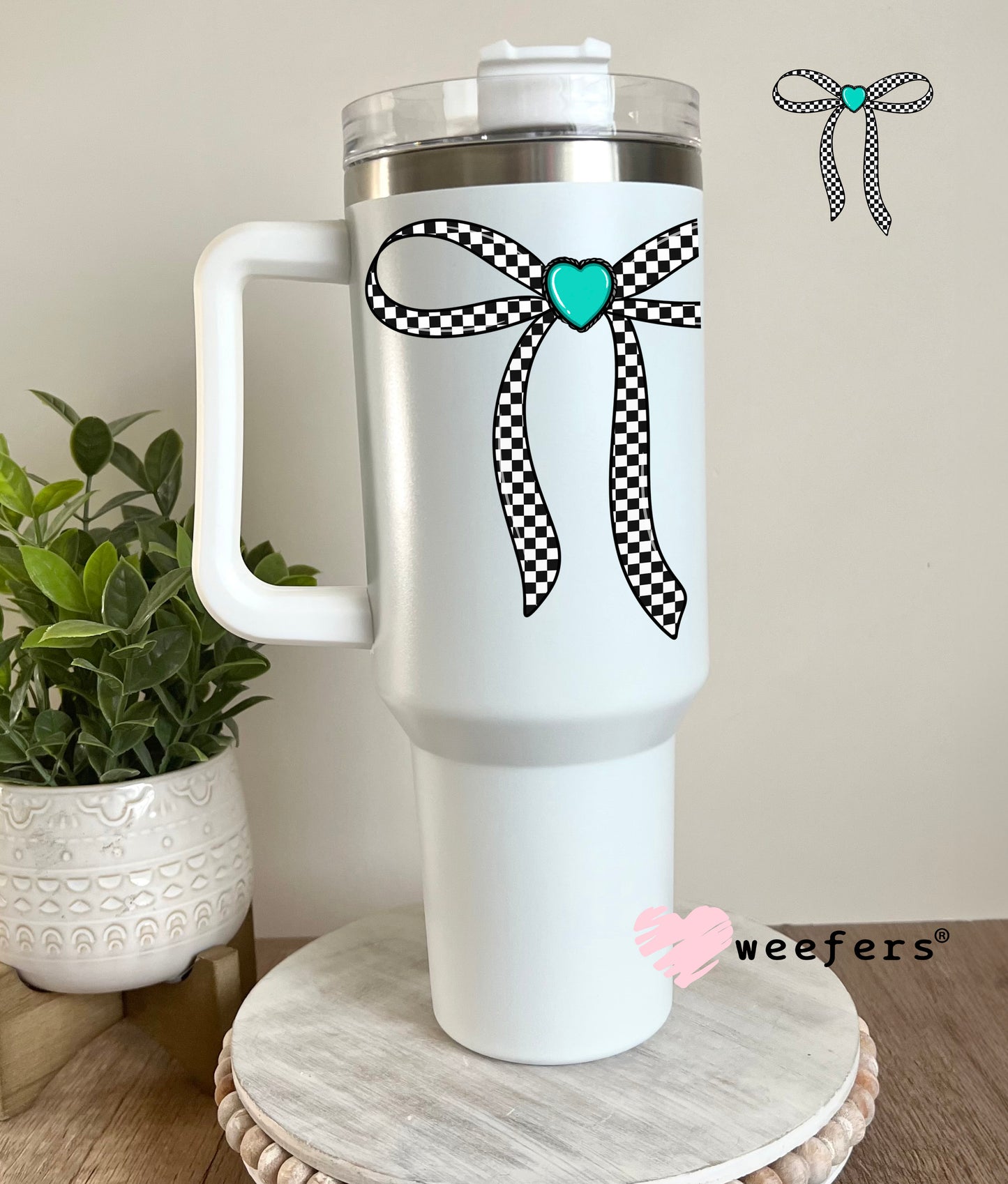 Black Checkered Bow Turquoise Heart UV DTF Decal 40oz Tumbler Decal Weefers
