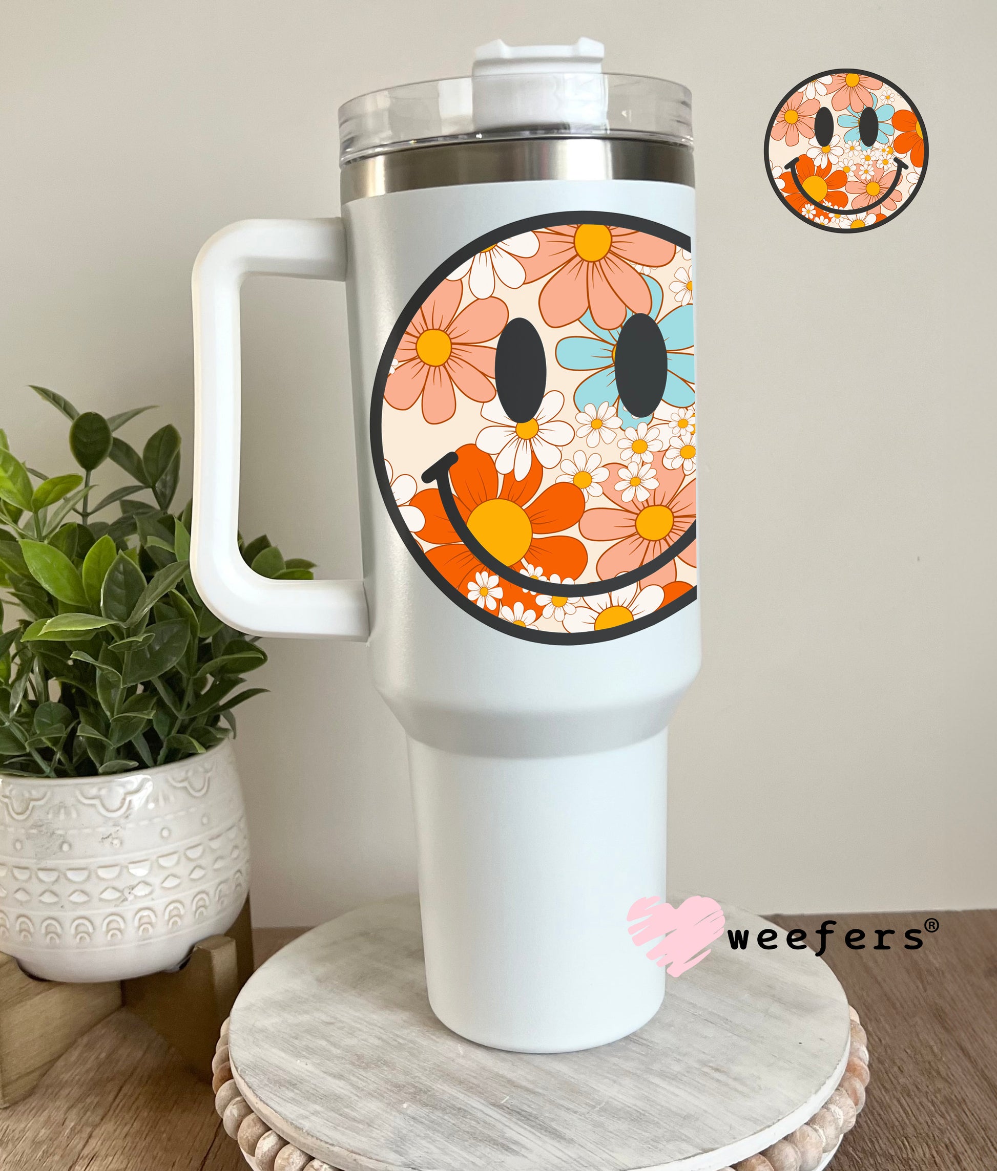 Retro Flowers Smile Face UV DTF Decal 40oz Tumbler Decal Weefers
