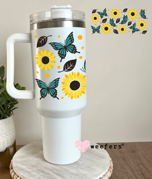 Sunflowers and Teal Butterflies UV DTF Cup Wrap 40oz Tumbler Cup Wrap Weefers