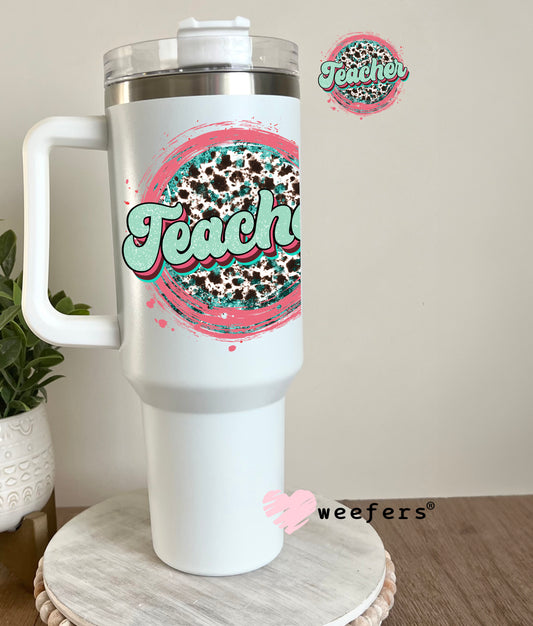 Teacher Cheetah Print Coral and Mint UV DTF Decal 40oz Tumbler Decal Weefers