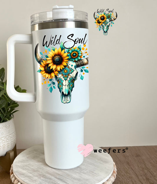 Wild Soul Teal Sunflower Cow Skull UV DTF Decal 40oz Tumbler Decal Weefers