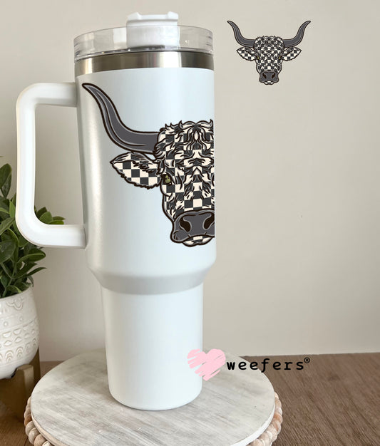Grey Checkered Bull Face UV DTF Decal 40oz Tumbler Decal Weefers