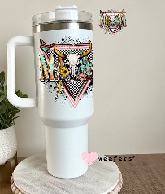 Mama Pink Teal Western Cow Skull UV DTF Decal 40oz Tumbler Decal Weefers